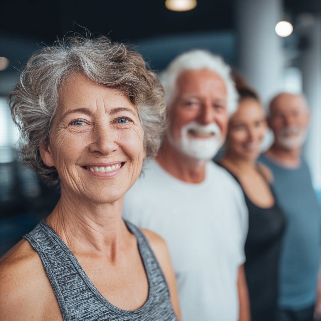 Confident elderly European man in fitness attire performing strength exercises in a modern gym setting
